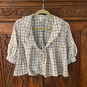 Plaid blue white ruffle top